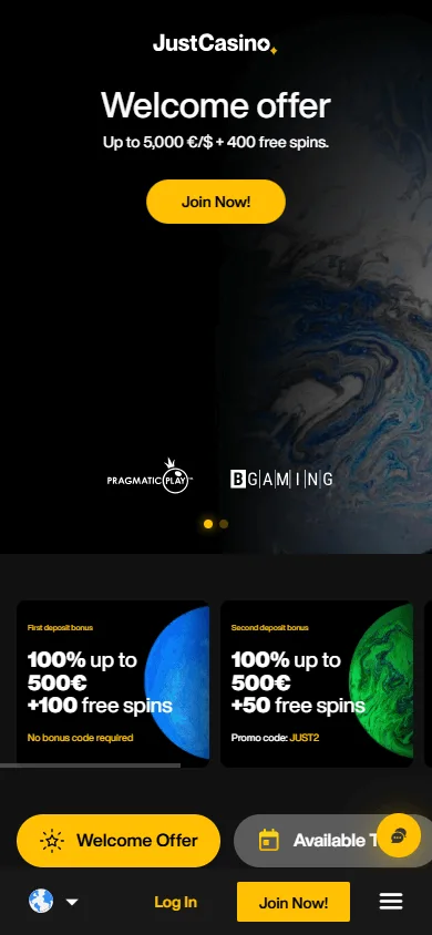 JustCasino promotions experience on a mobile browser