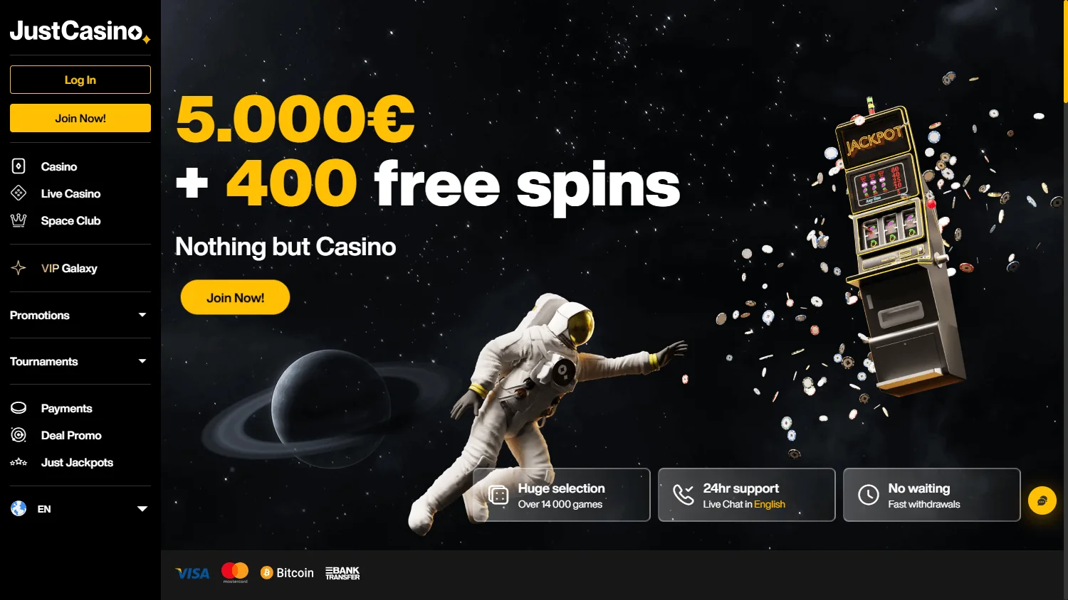 JustCasino home experience on desktop