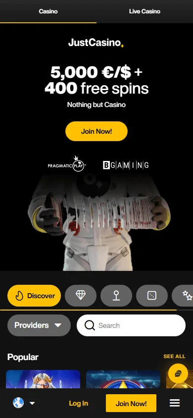 JustCasino home experience on a mobile browser