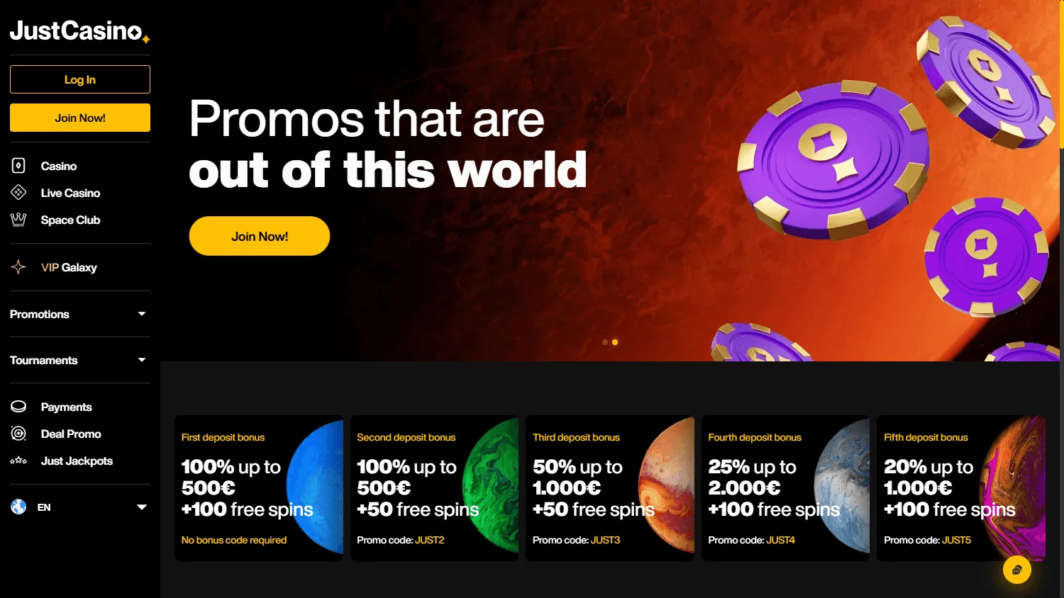 JustCasino promotions experience on desktop